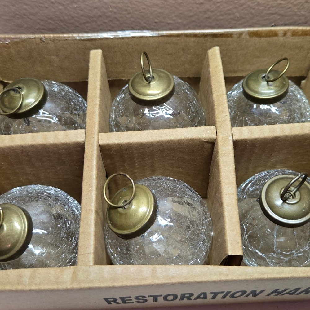 Restoration Hardware Crackle‎ Glass Ornaments Set of 6 Clear Brass Vintage Style